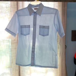 Vintage 70s Jordan christopher sheer baby blue short sleeve shirt